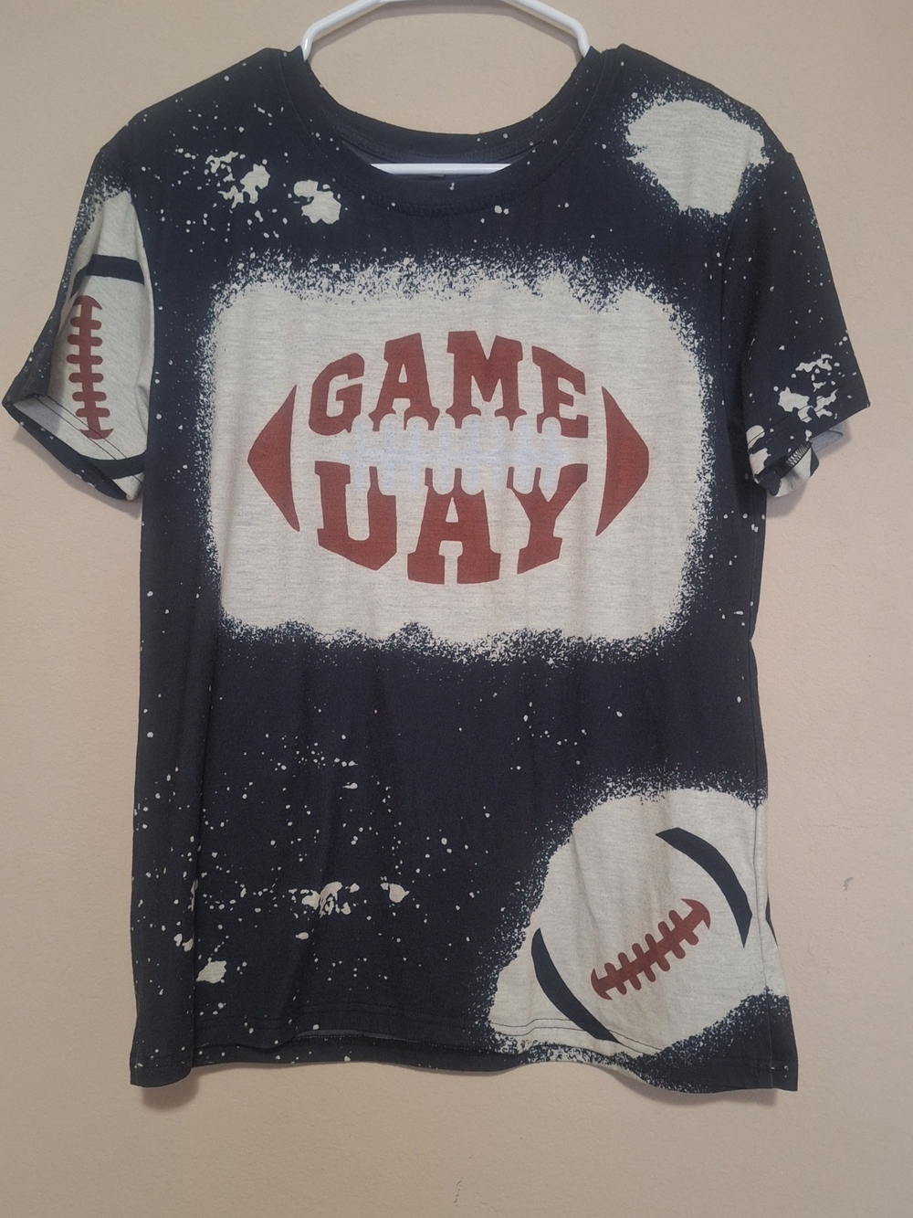 Game Day Football Graphic Tee - Black & Cream with Red Print Bleached
